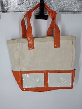Ika Canvas Tote Bag Orange Patent Leather Trim Clear Pockets Y2K Coastal Beach